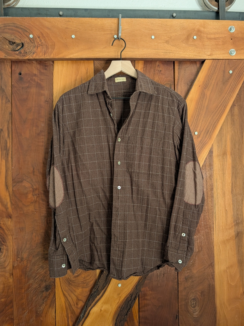 DONNI. Brown Windowpane Button-Down Shirt with Elbow Patches